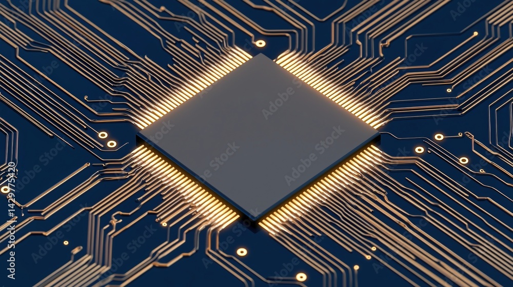 Poster a close-up of a microchip with intricate circuitry details, showcasing advanced technology in electr