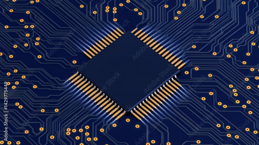 Poster a close-up of a microchip on a blue circuit board, featuring intricate pathways and gold connections