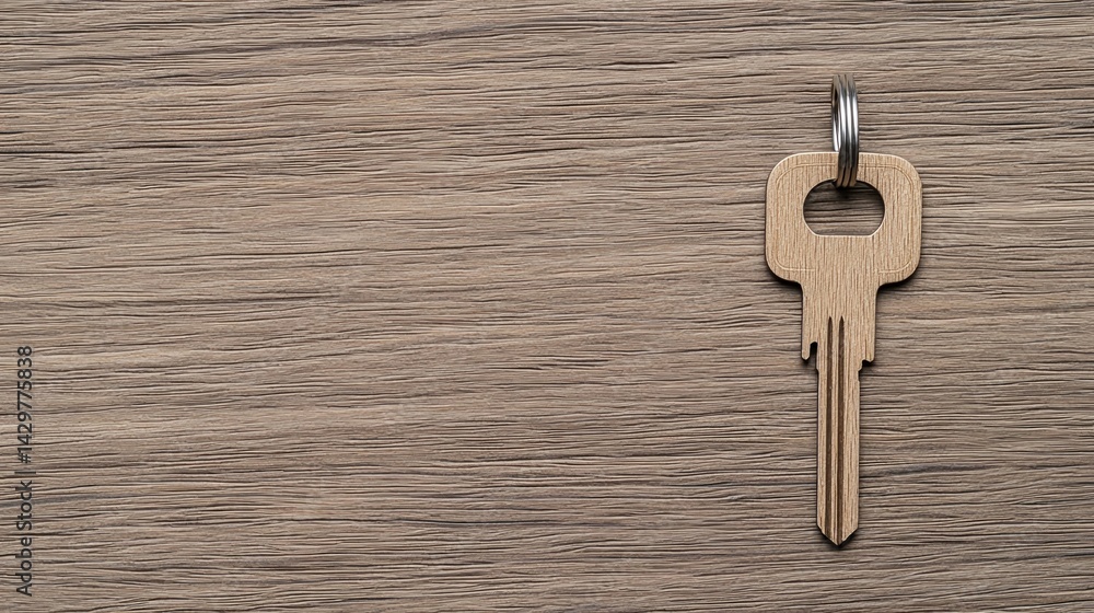 Poster a close-up of a single metal key resting on a textured wooden surface, showcasing its simple design 