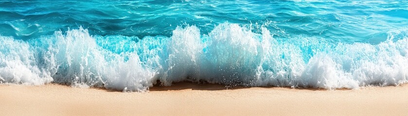 Obraz premium A serene beach scene featuring gentle waves crashing rhythmically onto the golden sand, with a clear blue sky overhead and a few fluffy white clouds drifting lazily by.