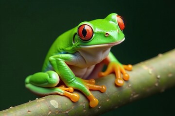 Obraz premium Green tree frog perched on white, vibrant skin, zoology, bright