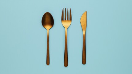 A minimalist arrangement of golden cutlery-spoon, fork, and knife-against a soft blue background, emphasizing elegance and simplicity in dining.