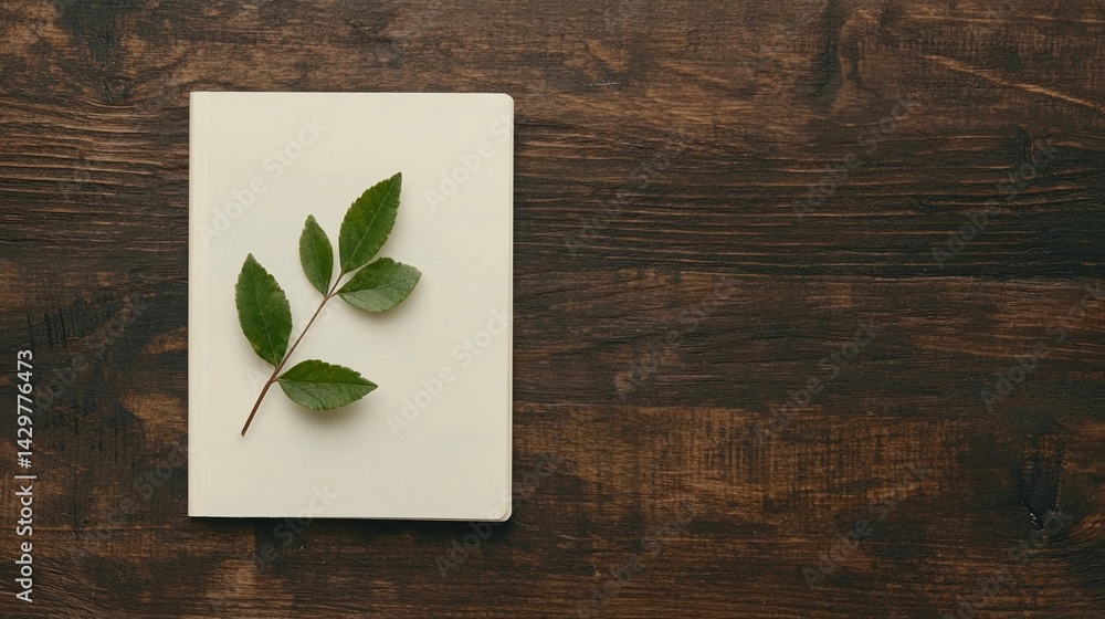 Poster a minimalist composition featuring a green leaf resting on a plain notebook, set against a rustic wo