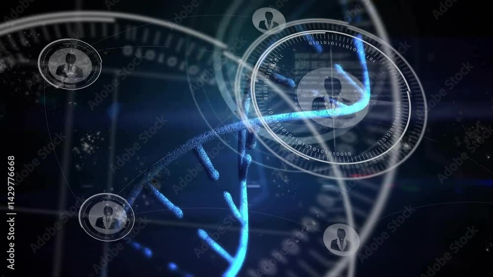 Poster glowing blue dna helix being visualized in dark data space, with floating binary hud overlays