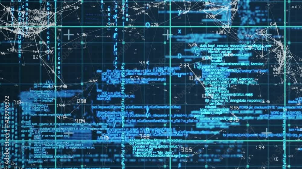 Poster abstract data dashboard displaying dark blue grid with cyan lines, code snippets, network nodes
