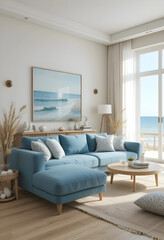 3D rendering of a living room interior featuring a calming ocean. Inspired atmosphere.