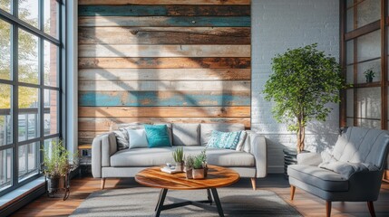 Fototapeta premium Cozy living room interior with sofa and plants, sunny day through the window
