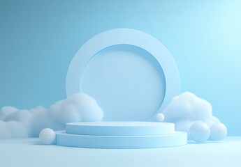 Minimalist Blue Studio Setup with Podium and Clouds for Display