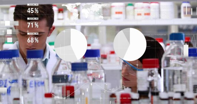 Male scientist inspecting glassware in pharma lab with floating data charts world map percentages