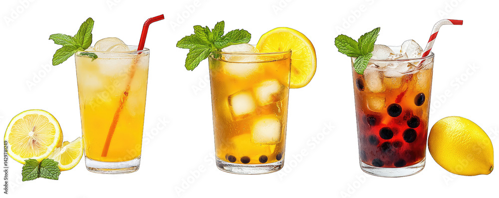 Poster three refreshing drinks served in glasses each with ice garnished with mint and lemon slices showcas