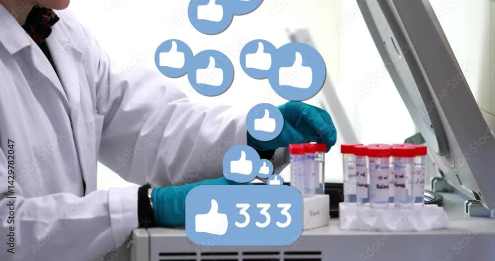 Poster lab research being animated showing technician handling test tubes with floating thumbs up icons