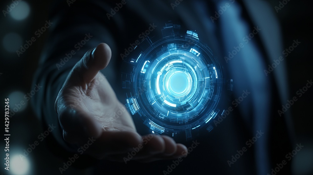 Poster futuristic technology interface digital abstract sphere in hand businessman presenting innovative gl