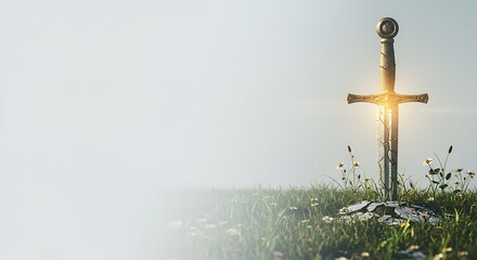 Fototapeta premium A golden sword embedded in a grassy field, bathed in ethereal light.