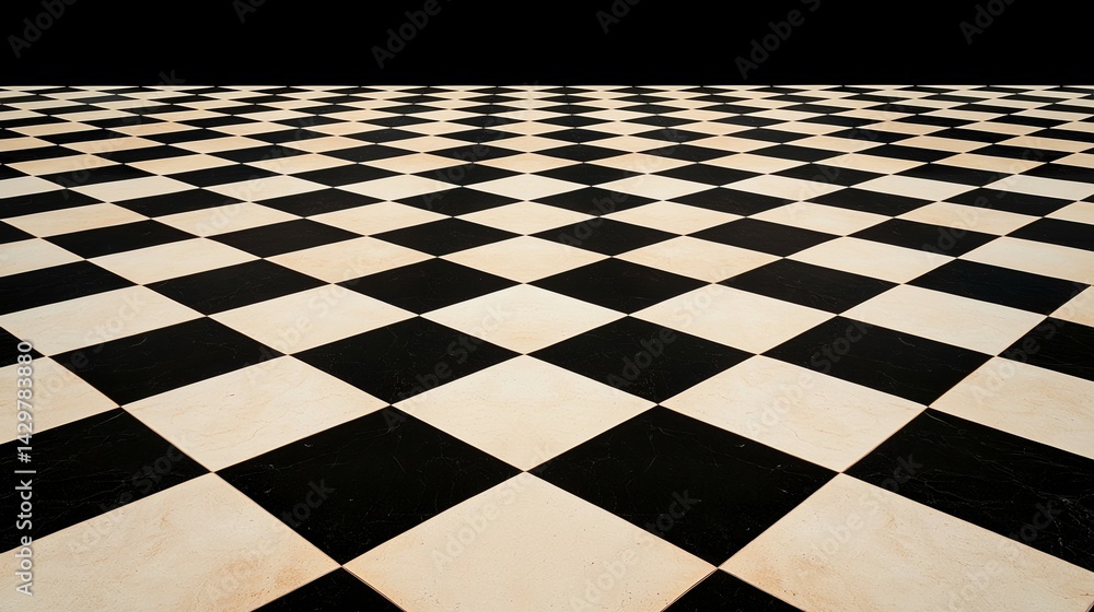 Poster a checkerboard floor pattern featuring alternating black and beige tiles arranged in a geometric des