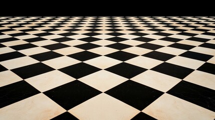 A checkerboard floor pattern featuring alternating black and beige tiles arranged in a geometric design against a dark background.