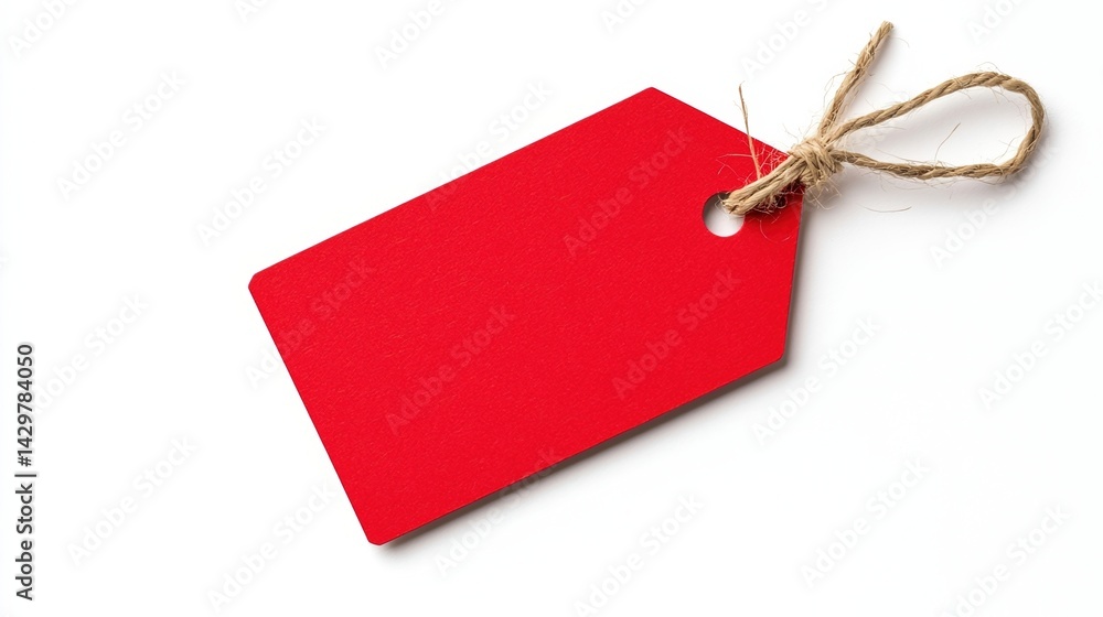 Poster a blank red tag with a string, perfect for labeling or price tagging items in various contexts like 