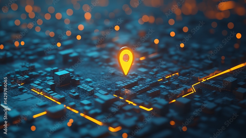Poster abstract digital location pointer glowing neon orange lines modern technology circuit board backgrou