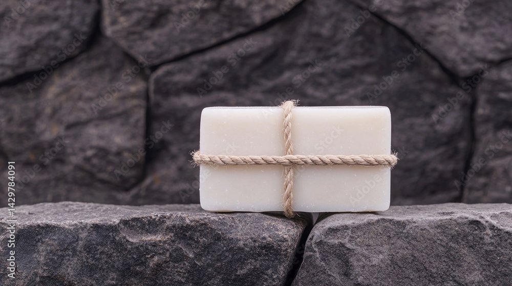 Poster a simple bar of soap wrapped with twine, resting on textured stones, creating a natural and rustic a