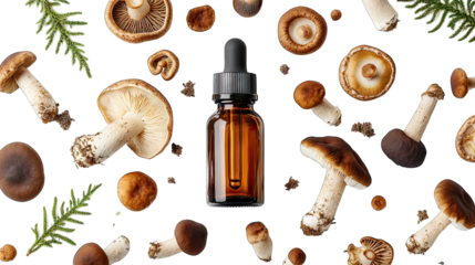 an amber glass dropper bottle surrounded by various types of mushrooms and green foliage suggesting a focus on natural remedies or supplements