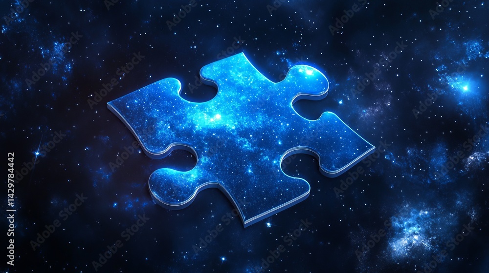 Poster glowing blue puzzle piece cosmic galaxy design abstract background digital art illustration 3d rende