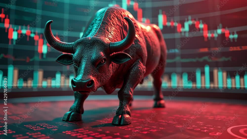 Aufkleber aggressive bull sculpture on stock market background with chart indicators and red and green color s