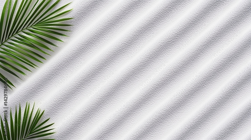 Poster a serene image featuring green palm leaves on a textured white surface, creating a fresh and calming