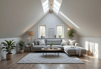 A cozy grey design interior concept in 3D render. The space feels peaceful and inviting, with natural light pouring in through the windows."