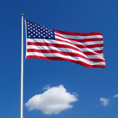 A vibrant flag flutters gracefully in the wind, its colors vivid against a clear blue sky. The fabric ripples and dances, showcasing intricate patterns and symbols that represent unity.