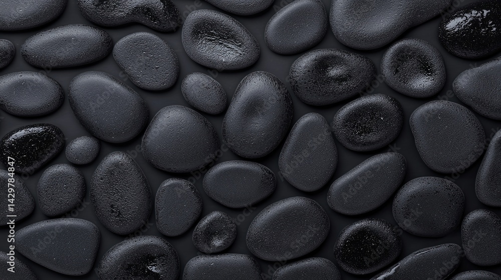 Poster a close-up view of smooth, dark pebbles arranged uniformly on a surface, showcasing their varied sha