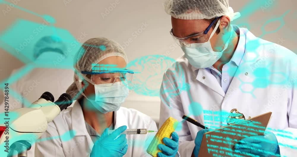 Poster two scientists injecting corn cob and recording biotech data in lab, with molecular overlays
