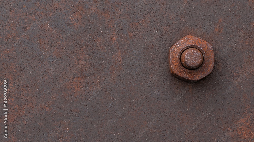 Poster a close-up of a rusty bolt on a textured metal surface, showcasing the interplay of color and materi