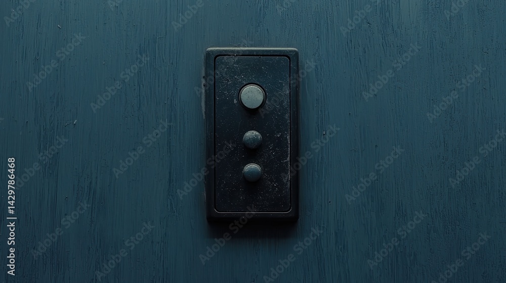 Poster a close-up view of a three-button light switch on a textured dark wall, showcasing a minimalist desi