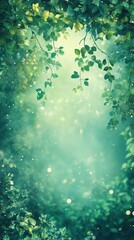 A vibrant green background adorned with lush, detailed leaves in various shades, interspersed with translucent bubbles that catch the light, creating a fresh, lively atmosphere.