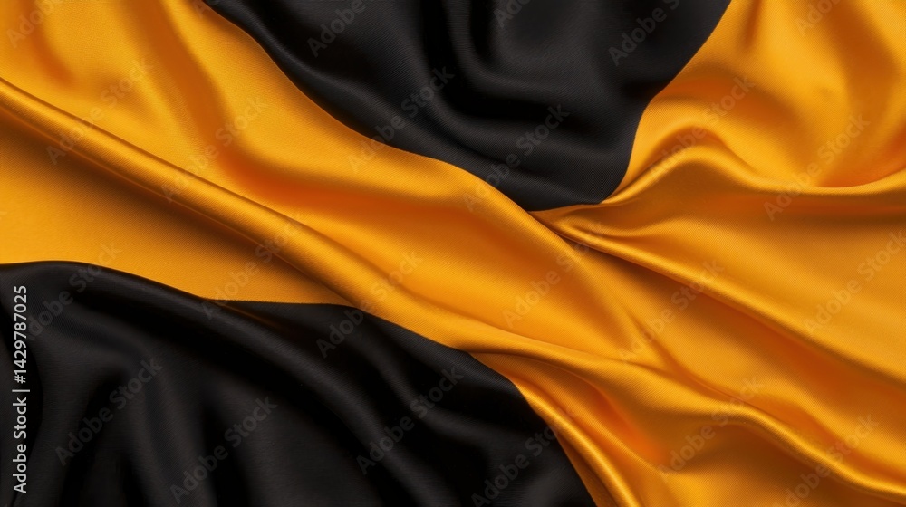 Poster a close-up of a fabric displaying the colors black and gold, showcasing a smooth texture and elegant