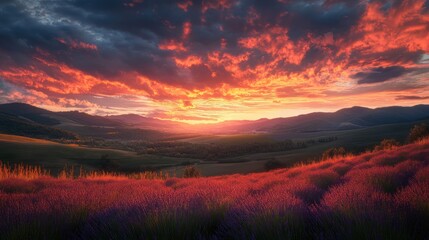Obraz premium Majestic sunset over vibrant lavender fields and distant rolling hills landscape