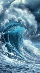 A towering, frothy wave crashes powerfully against the rocky shoreline, its deep blue and turquoise hues glistening under the bright sunlight, creating a mesmerizing display of nature's force.