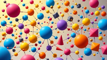 An energetic scene showcasing interconnected geometric solids, primarily spheres, cones, and cubes