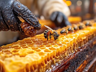 Beekeeper handling honeycomb frame with honey