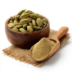 Cardamom pods and powder still life on white background