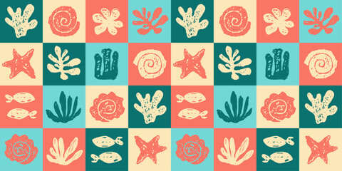 sea underwater  hand drawn seamless pattern, retro colours, background, decoration for textile, fabric, wrapping paper, wallpaper, clothing, cover, wallpaper, vector