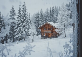 Framed View of Wooden Chalet in Snowy Forest