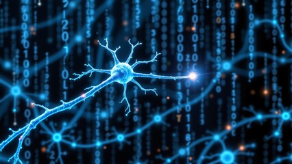 A bioluminescent neuron, pulsating with soft, ethereal light, extends a branching axon into a network of glowing blue nodes