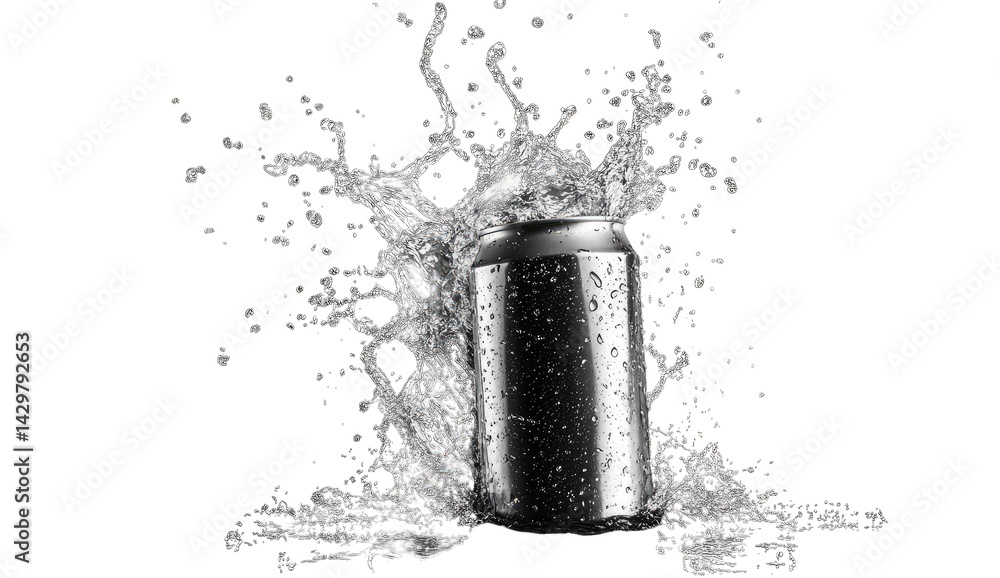 Fototapete a silver can is splashing in water creating dynamic droplets against a dark background emphasizing t