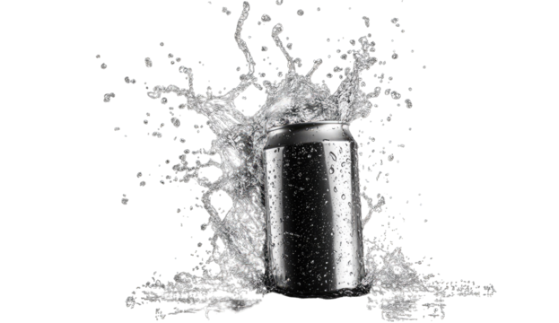 a silver can is splashing in water creating dynamic droplets against a dark background emphasizing the refreshing nature of the drink