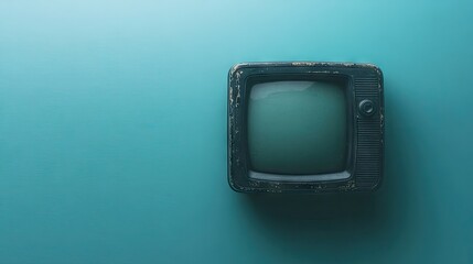 Aged antique television set on a teal backdrop.
