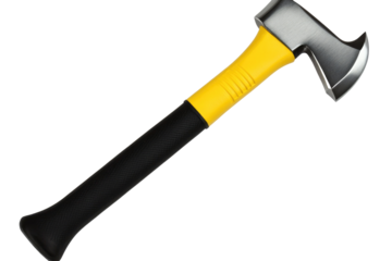 High-Quality Axe with Yellow Handle for Outdoor Use, Ideal for Camping, Woodcutting, and Survival Activities on transparent background