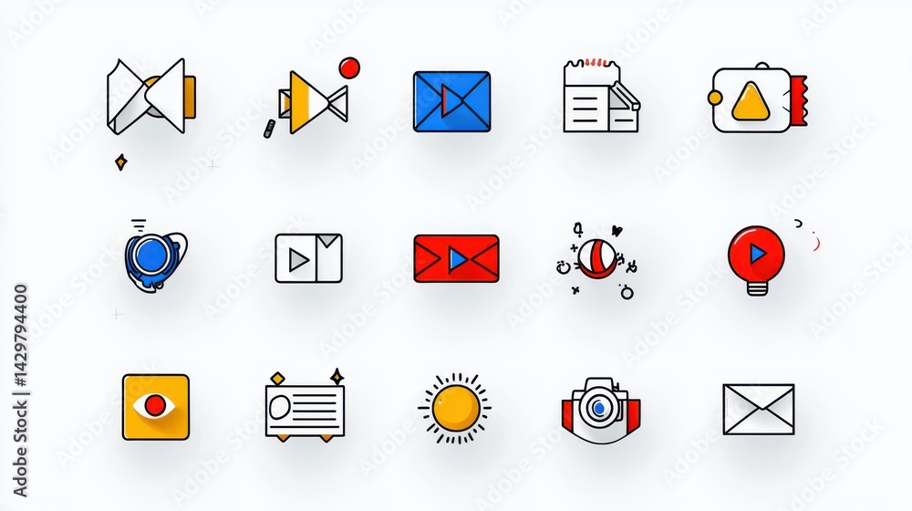 Poster a collection of minimalist digital icons and symbols representing various technology media and commu