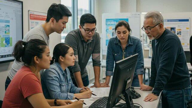 Collaborative Teamwork: Diverse Students and Professor Around Computer