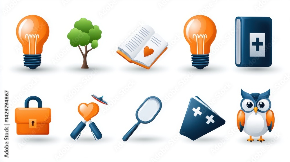 Poster a collection of icons representing various aspects of education learning and knowledge including lig