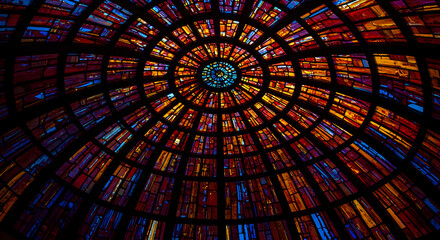 Vibrant Stained Glass Dome Ceiling With Concentric Patterns and Radial Design